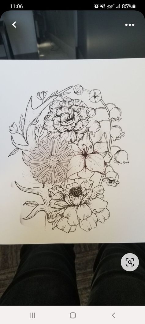 Country Shoulder Tattoos, Floral Outdoor Tattoo, Country Floral Tattoo, Western Sleeves Designs, Antler Shoulder Tattoo, Horns And Flowers Tattoo, Western Country Tattoo, Female Hunter Tattoo, Antler Floral Tattoo