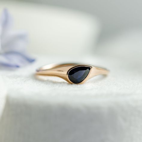 Natural Blue sapphire engagement ring in Rose gold 14K, Pear cut bezel sapphire ring Pear Cut Sapphire Ring, Blue Green Sapphire Ring, Blue Sapphire Engagement Ring, Medic Alert Bracelets, Custom Wedding Band, Blue Green Sapphires, Sapphire Engagement Ring Blue, Matching Wedding Bands, Sapphire Engagement Ring