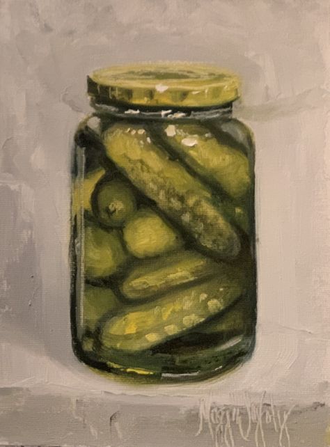 A modern still life in oil captures a really mundane item from my pantry . Oil Still Life Modern Painting, Pickles Painting, Pickle Painting, Modern Still Life Painting, Modern Still Life, Lyric Book, Ap Drawing, Fraggle Rock, Dill Pickles