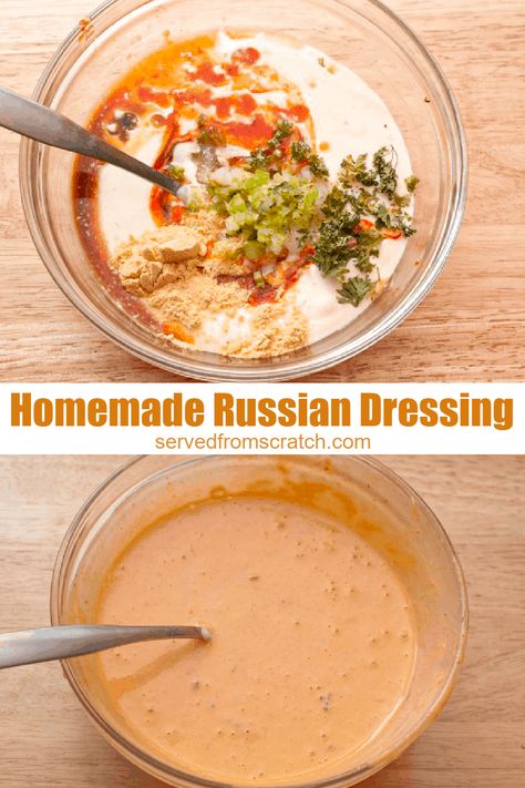 Make your own Homemade Russian Dressing with homemade mayonnaise for this classic dressing made from scratch! #russiandressing #recipe #easy Best Russian Dressing Recipe, Homemade Russian Dressing Recipe, Russian Sauce, Russian Dressing Recipe, Guinness Corned Beef, Russian Salad Dressing, Homemade Russian Dressing, Reuben Sandwiches, Irish Foods