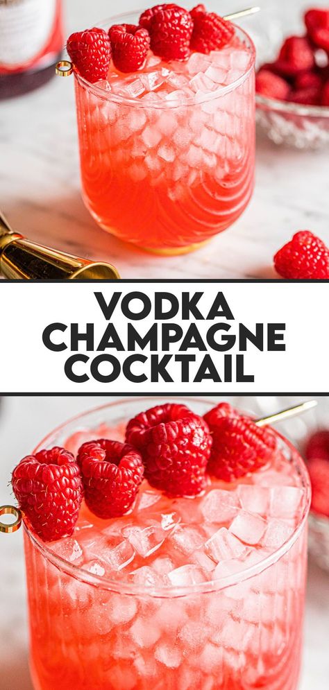 Vodka Champagne Cocktail, Raspberry Vodka Drinks, Galentines Cocktails, Valentines Drinks Alcoholic, Easy Holiday Drinks, Recipes With Fruit Cocktail, Valentine Drinks, Valentine Cocktails, Raspberry Cocktail