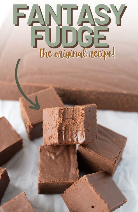 A recipe that’s been around for decades, fantasy fudge is smooth, chocolatey and definitely worth keeping in your virtual recipe box!  | Cookies for Days | Jett Puff Marshmallow Fantasy Fudge, Fantasy Fudge Recipe Original, Original Fantasy Fudge Recipe, Christmas Baking List, Fantasy Fudge Recipe, Good Candy, Fantasy Fudge, Marshmallow Fudge, Chocolate Fantasy