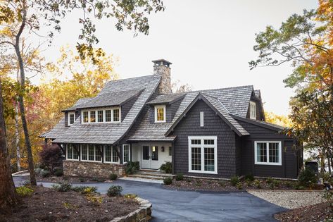 Cedar Shake Lake House, Lake Burton Lake House, Lake Mountain House, Custom Lake House, Craftsman Style Lake House, Black Lake House, Lake Cabin Exterior, Mountain Cottage Exterior, Lake Cottage Exterior