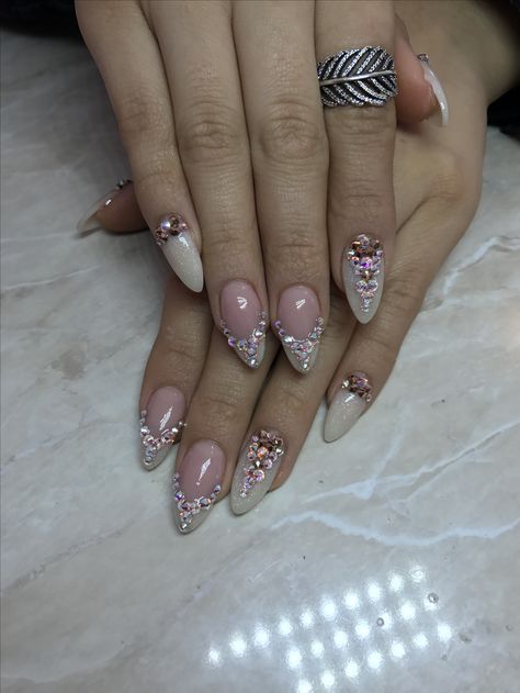 Beauty almond Nails Gemstone Almond Nails, Bedazzled Almond Nails, Short Almond Bling Nails, Almond Acrylic Nails With Gems, Boujee Almond Nails, Bling Almond Nails Rhinestones, Almond Bling Nails, Bling Almond Nails, Almond Nails With Rhinestones