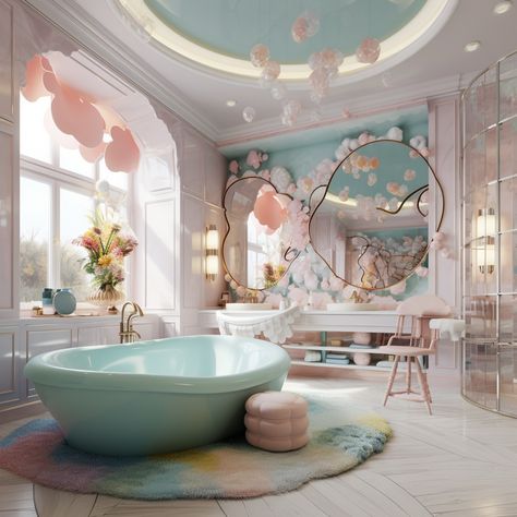 Pastel interior design ideas Pastel Adult Bedroom, Pastel Entryway, Pastel House Aesthetic, Pastel House Decor, Playful Bathroom, Candy Cottage, Pastel Interior Design, Pastel Bathroom, House Flipper