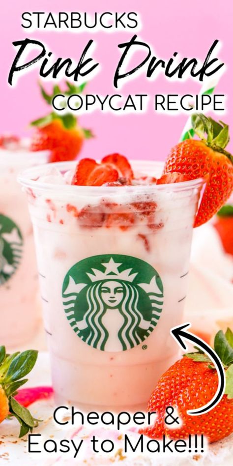 This Copycat Starbucks Pink Drink is a cheaper and just as delicious recipe to make your favorite fruity Starbucks beverage right at home with acai berry tea, coconut milk, white grape juice, simple syrup, and freeze-dried strawberries! via @sugarandsoulco Fruity Starbucks, Pink Drink Recipe, Tazo Passion Tea, Starbucks Pink Drink Recipe, Pink Drink Starbucks, Pink Drink Recipes, Starbucks Strawberry, Passion Tea, Strawberry Acai