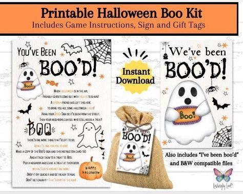 Get ready to spread some spooky fun with the "You've Been Boo'd Printable Kit." This time honored Halloween tradition is a printable set and includes everything you need to create the ultimate "Boo Basket" gift. With gift tags, "You've Been Booed" game instructions and "I've Been Boo'd" or "We've Been Boo'd" signs, it's the perfect way to surprise friends, neighbors, coworkers or even your child's teacher with a delightful Halloween treat. Downlo[Collection] Halloween Ideas For Coworkers, Neighbor Boo Basket, Boo Basket Card Ideas, You Got Booed Ideas, You’ve Been Booed Before, Boo Basket For Neighbors, Boo Grams Free Printable, Youve Been Booed Ideas Adults, Boo Gifts For Coworkers