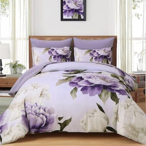 Dobuyly Purple King Size Comforter Set 7 Piece Bed in a Bag King, Purple Floral Printed on Light Purple Comforter Set with Sheets, Soft Microfiber Botanical Complete Bedding Set for All Season Purple Comforter Set, Purple King, Queen Purple, Purple Comforter, Purple Room Decor, Light Purple Background, Purple Queen, King Size Comforter Sets, Floral Comforter Sets