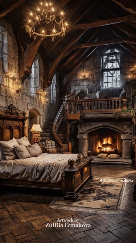 Fantasy Inspired Interior Design, Castle Home Interior Design, Medieval Gothic Bedroom, Medevil Bedroom Aesthetic, Fairy Tale Interior, Midevil House Aesthetic, Castle Rooms Aesthetic, Medieval Fantasy House Interior, Haunted House Aesthetic Interior