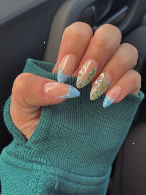 April Nails | Spring flower nails | girly nails | Fun simple nails | flower nail deaigns | blue french nails | march nails | spring 2023 March Nails Ideas Spring, March Manicure, Simple Nails Flower, Fun Simple Nails, Cute March Nails, Nail Deaigns, Spring Flower Nails, Blue French Nails, March Nails Spring