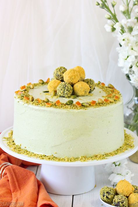 Pistachio Orange Cake | From SugarHero.com Teatime Cakes, Pistachio Cake Recipe, Spring Recipes Dessert, Orange Buttercream, Pistachio Recipes, Baking Journal, Orange Frosting, Pistachio Cake, Mini Tortillas