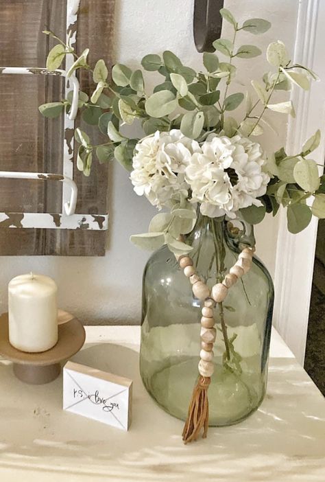 Boho Living Room Decor, Green Glass Vase, Plant Aesthetic, Glass Jug, White Floors, Green Vase, Decorative Glass, Bedroom Green, Floor Vase