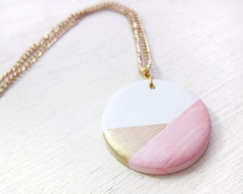 Round Geometric Clay Pendant Necklace (Pink/Gold). £16.00, via Etsy.: Polymer Clay Necklace Pendant, Clay Necklace Pendant, Craft Stand, Cement Jewelry, Fimo Jewelry, Concrete Jewelry, Porcelain Earrings, Terracotta Jewellery, Polymer Clay Jewelry Diy