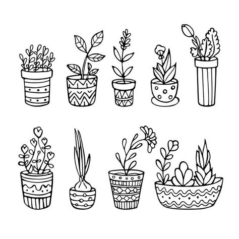 Doodle Plants, Drawn Plants, Leaves Embroidery, Plants In Pots, Mini Toile, Plant Doodle, Planner Doodles, Bullet Journal For Beginners, Pots Set