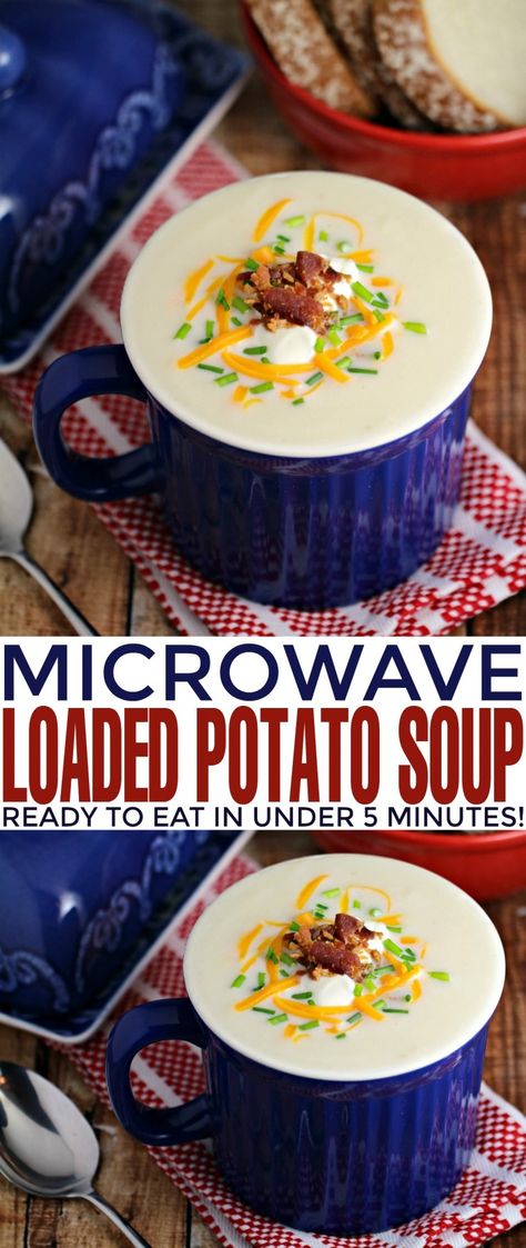 This Microwave Loaded Potato Soup in a Mug is ready in under 5 minutes flat for a delicious, creamy hot meal loaded with delicious toppings like bacon, shredded cheese and more! Microwave Lunch Recipes, Mug Recipes Microwave, Microwave Cooking Recipes, Microwave Mug Recipes, Potatoes In Microwave, Loaded Potato Soup, Loaded Potato, Microwave Cooking, Potato Soup Recipe