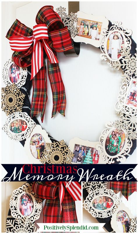 Christmas Memory Photo Wreath - Such a great decor idea to use favorite holiday photos from throughout the years! #PlaidCreators #ad Door Frame Ideas, Christmas Wreath Image, Picture Wreath, Photo Wreath, Diy Christmas Village, Tulle Wreath, Easy Diy Wreaths, Frame Ideas, Christmas Pins