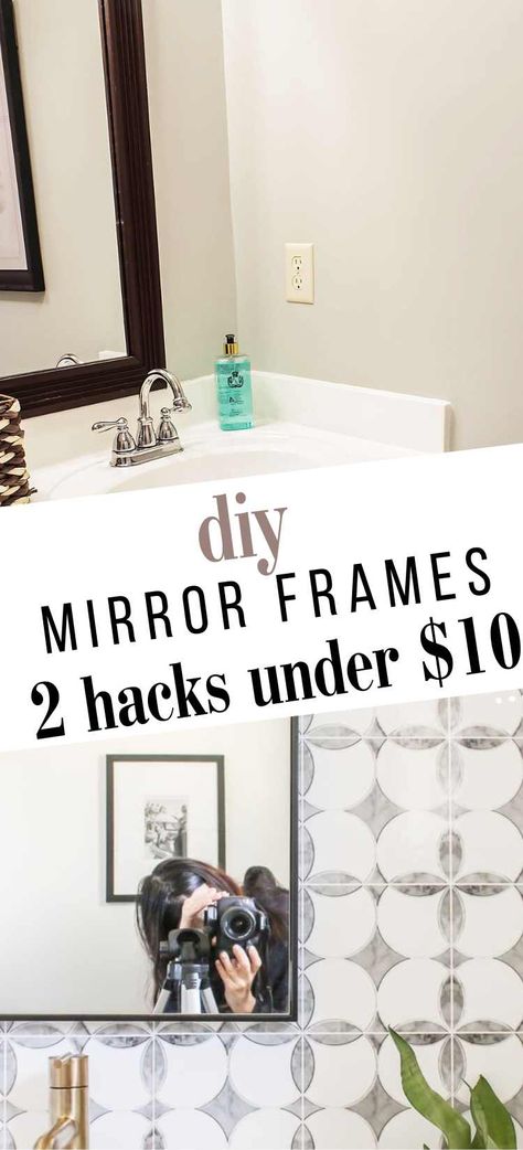 Mirrors With Frames Bathroom, Framing Around Bathroom Mirror, Easy Diy Bathroom Mirror Frame, Dyi Bathroom Mirror, Frameless Mirror Hack, How To Frame An Old Bathroom Mirror, Redo Bathroom Mirror Frames Diy Projects, Bathroom Mirror Make Over, How To Frame Your Bathroom Mirror