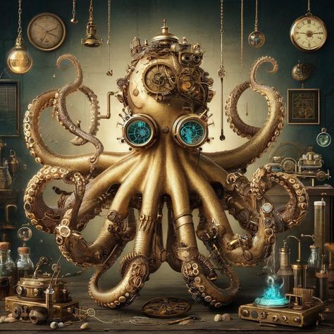 The steampunk octopus is an intriguing and captivating creation that combines the elements of science fiction, fantasy, and Victorian-era technology. ... -  #Octopus #SteamPunk Steampunk Octopus Art, Octopus Ornament, Steampunk Octopus, Beach Cocktails, Octopus Art, Steampunk Style, Creature Feature, Hyperrealism, Science Fiction Fantasy