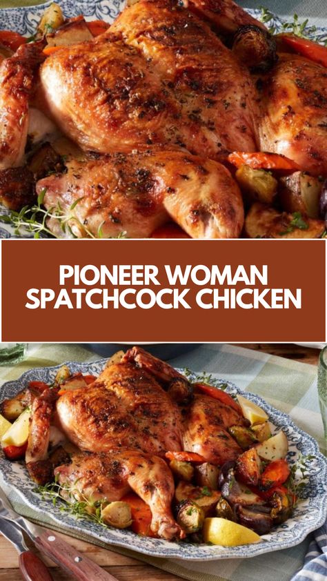 This easy Pioneer Woman Spatchcock Chicken is a delicious, hearty meal that’s quick to prepare and packed with flavor. With its crispy skin and tender meat, it pairs perfectly with roasted veggies. Feel free to customize with common ingredients for a nutritious family dinner everyone will love! Spatchcock Turkey Pioneer Woman, Spatchcock Chicken Thanksgiving, The Best Roasted Chicken, Hold Chicken Recipes, Whole Cooked Chicken Recipes, Pioneer Woman Spatchcock Chicken, Best Spatchcock Chicken Recipe, Spatchcock Chicken And Vegetables, Whole Split Chicken Recipes