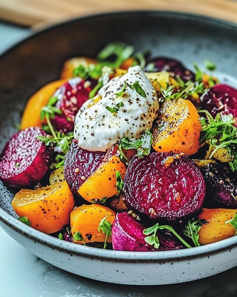 VIBRANT ROASTED BEETS & CARROTS WITH CREAMY BURRATA SALAD Carrots Salad, Salad With Burrata, Beets And Carrots, Roasted Beets And Carrots, Cooking Easy Recipes, Beets Carrots, Burrata Salad, Desserts Healthy, Cooking Easy