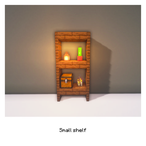 A small shelf to put small things in. #minecraft #smallshelf #shelf #creative #decorate #minecrafthouse Minecraft Small House Decorations, How To Decorate The Outside Of Your Minecraft House, Cute Minecraft Cottage Small Interior, Shelf In Minecraft, Shelfs In Minecraft, Minecraft Small Storage Room Ideas, Minecraft Wall Shelf Ideas, Minecraft Stool Ideas, Small Decor Minecraft