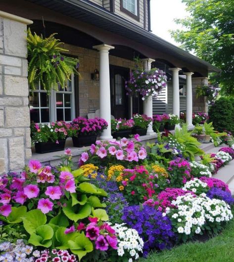 Flowers In Front Of House Ideas, Front Sidewalk Flower Bed Ideas, Dalia Garden, Annual Flower Beds Design, Front Yard Design Ideas, Garden Home Ideas, Yard Design Ideas, Yard Landscape Ideas, Garden Front Yard