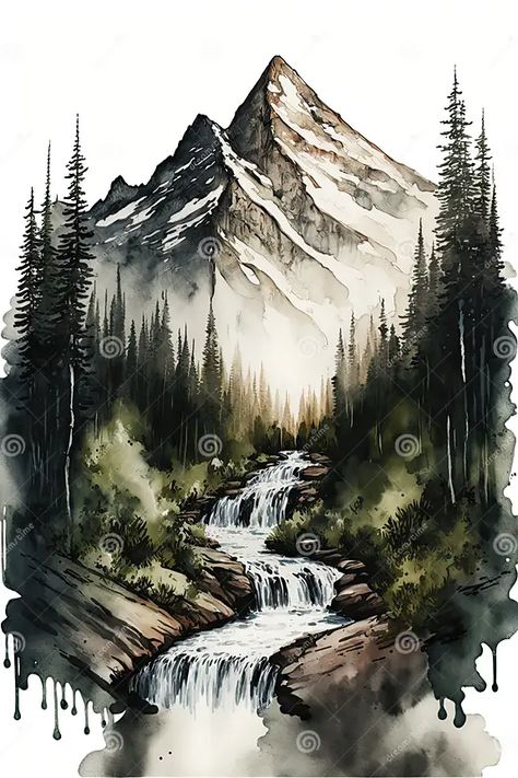 Waterfall From Mountain, Mountain With Waterfall Drawing, Forest Mountain Tattoo Design, How To Draw A Waterfall, Mountain With Waterfall, Waterfall Illustration, Nature Illustration Art, Waterfall Tattoo, Beautiful Scenery Drawing