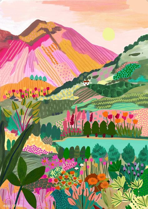 Illustration Kunst, Pink Mountains, Colorful Mountains, Rainbow Mountain, Kraf Diy, Art Et Illustration, Art Birthday, Travel Illustration, Ap Art