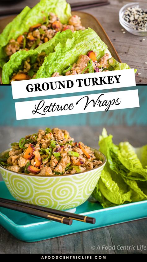 Ground turkey lettuce wraps (or lettuce cups ) feature ground turkey with ginger and garlic for appetizing game-day eats or an easy weeknight dinner that is serve-yourself. Chopped snow peas and carrots add vegetables, crunch and color. Spoon filling into crisp Romaine leaves and enjoy with a spoonful of sauce drizzled over the top. Ground Turkey Wrap Recipes, Ground Turkey Wraps Lettuce Cups, Salads Types, Turkey Burger Seasoning, Ground Turkey Lettuce Wraps, Turkey And Green Beans, Turkey Wrap Recipes, Gf Meals, Turkey Spices