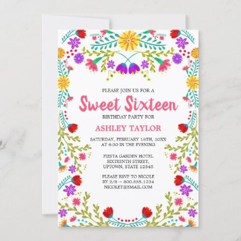 Sweet Sixteen White Mexican Fiesta Folk Art Floral #sweet16 #floral #girly #flower #modern #mexicanfiesta #folkart #white #colorful #pretty Flower Birthday Invitations, Mexican Quinceanera, White Mexican, Quinceanera Pink, Folk Art Floral, 16 Invitations, Quinceanera Invitation, Mexican Flowers, Sweet Sixteen Invitations