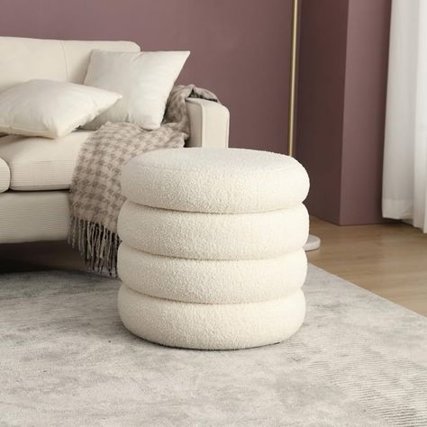 Round Storage Ottoman Boucle Fabric, Large Vanity Stool Footstool with Stripe Line, White Sherpa ... | Amazon (US) Sherpa Ottoman, Storage Ottoman Coffee Table, White Room Decor, Round Storage Ottoman, Large Vanity, Round Storage, Nordic Decor, Ottoman Stool, Round Ottoman