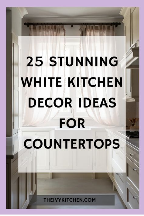 "25 stunning white kitchen decor ideas for countertops overlaid on kitchen image" Countertop For White Kitchen Cabinets, Home Depot White Kitchen Cabinets, Stove Decor Ideas Kitchen, White On White Kitchen Ideas, How To Add Warmth To A White Kitchen, Countertops For White Cabinets, All White Kitchen Ideas, Kitchen With White Appliances, White Kitchen Hardware