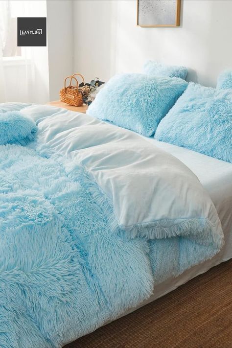 Decorate your bedroom in coastal theme with this fluffy and aesthetic blue and white bed cover and pillow cover. Give a cozy and refreshing ambiance to your bedroom. Get it from here👆 Blue And White Bed, White Bed Cover, Aesthetic Blue And White, Cozy Coastal Bedroom, White Bed Covers, Faux Fur Bedding, Fur Bedding, Plush Design, Blue Comforter