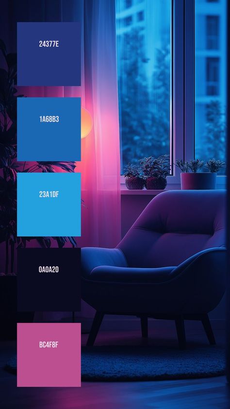 Colors:
24377E
1A68B3
23A1DF
0A0A20
BC4F8F Purple Tea, Dark Color Palette, Through A Window, Hex Color Palette, Purple Interior, Purple Dark, Dark Interiors, Modern Chair, Hex Colors