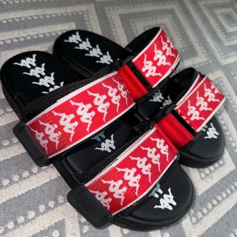 Red kappa slides Red Kappa Slides, Kappa Slides Outfit, Kappa Slides, Kappa Shoes, Slides Outfit, Christmas Wishlist, Slides, Plus Fashion, Christmas