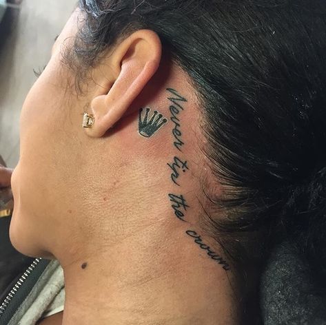 Crown Neck Tattoo, India Love Tattoos, A Crown Tattoo, Small Crown Tattoo, Behind Ear Tattoos, Side Neck Tattoo, Small Girly Tattoos, Neck Tattoos Women, Black Girls With Tattoos