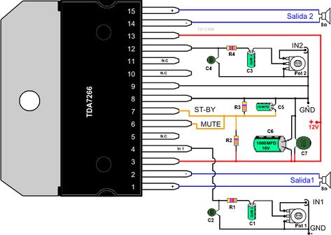 dibujo del amplificador TDA7266 Amplificador 12v, Amplificatori Audio, Basic Electrical Engineering, Diy Subwoofer, Diy Audio Projects, Subwoofer Box Design, Diy Amplifier, Speaker Projects, Car Audio Subwoofers