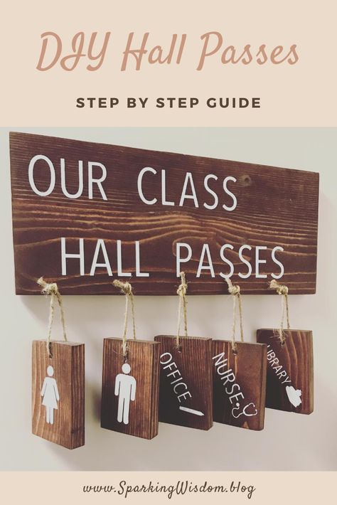 How to make your own wooden hall passes for your classroom! Using only pallet wood, a Cricut, and hanging materials.   #DIYclassroom #classroomdecor #classroomcrafts #woodcrafts #palletcrafts #Cricutcrafts Classroom Wood Decor, Classroom Wood Signs, Diy Bathroom Passes Classroom, Classroom Hall Passes, Teacher Wood Signs Classroom Decor, Elementary Bathroom Passes, Classroom Passes, Bathroom Pass, Teaching Classroom Decor