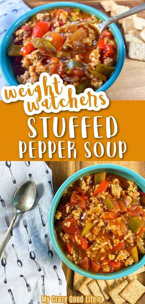 This Weight Watchers Stuffed Pepper Soup is a family friendly WW recipe! You're going to love this easy Weight Watchers Crock Pot Recipe. Stovetop and Instant Pot directions too. 1 Blue Point | 2… Ww Crockpot Soup Recipes, 0 Point Soups Weight Watcher Recipes, Instapot Weight Watchers Recipes, Low Point Soup Weight Watchers, Simple Ww Dinners, Weight Watchers Crockpot Soup, Ww Zero Point Crockpot Recipes, Ww Recipes Crockpot, 5 Point Ww Meals