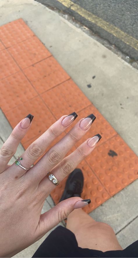 Black Accent Acrylic Nails, Coffin Shape Black French Tip, Mid Length Nails Acrylic Coffin Black, Black Hoco Nails Coffin, Coffin French Tip Black, Black French Tip Nails Coffin Short, Short Coffin Black French Tip Nails, Coffin Black Tip Nails, Black Acrylic Nail Designs Coffin