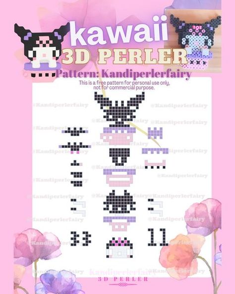 Sanrio Perler Bead Patterns 3d, 3d Perler Bead Patterns Tutorials, Sanrio Perler Bead Patterns, Diy Kuromi, Kandi Perler, Perler Pattern, Kandi Cuff Patterns, Rainbow Loom Designs, Easy Perler Bead Patterns