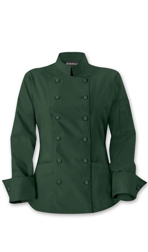 colored chef coat. green or midnight blue would be fun Chef Dress, Company Uniform, Hotel Uniform, Restaurant Uniforms, Chef Jackets, Chef Uniform, Staff Uniforms, Chef Wear, Chef Coat