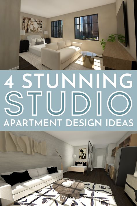 Let’s be real…studio apartments can be tricky to design and configure. It can be difficult to figure out the perfect layout and how to make if functional and beautiful for your lifestyle. We wanted to take four popular studio apartment models and design the living and bedroom spaces to show you how to make the space comfortable, cozy and 100% livable. Tiny Studio Apartments Layout, Studio Apartment Design Ideas, New York Studio Apartment, Luxury Studio Apartments, Small Apartment Hacks, Small Apartment Plans, Apartment Design Ideas, Studio Apartment Floor Plans, Small Studio Apartment Decorating