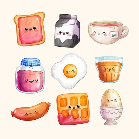 Free Vector | Watercolor kawaii food set Cute Food Art Stickers, Cute Kawaii Food Sticker, Cute Illustration Food, Cute Food Illustration Kawaii, Food Characters Illustration, Kawaii Food Art Drawing, Cute Cartoon Food Drawings, Cute Food Art Drawing Illustrations, Food Kawaii Drawings