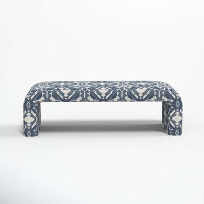 This bench creates a relaxing and comfortable atmosphere wherever you place it in the living room, at the foot of your bed, or along the wall of an entryway. Fully upholstered from top to bottom with a fabric. This bench is as stylish as it is functional. Made to order and manufactured in Illinois. Color/Pattern: ASHA BLUE OGA | Joss & Main Barley Upholstered Bench Polyester in Green | 20 H x 52 W x 19 D in | Wayfair Grey Benches, Blue Bench, Fabric Bench, Charleston Homes, Living Room Bench, Foot Of Bed, Blue Bedding, Upholstered Bench, Chic Home