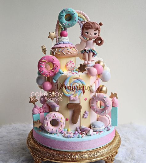 Jackie Florendo 🇵🇭 on Instagram: “Sweet as sugar, round and cute, Topped with sprinkles or topped with fruit. Donut grow up too fast Dominique! Happiest 7th Birthday!…” Fruit Donut, Double Cake, Donut Birthday Cake, Sweetie Cake, Mirror Glaze Cake Recipes, Fairy Birthday Cake, Candyland Cake, 7th Birthday Cakes, Candy Birthday Cakes