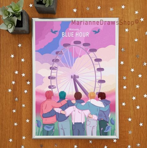 TXT Blue Hour Poster // TXT Print // Minisode Blue Hour // A4 | Etsy Letras Comic, Txt Blue Hour, Txt Daydream, Kpop Nails, Gold Poster, Summer Scrapbook, Simple Canvas Paintings, Kpop Drawings, Cute Doodle Art