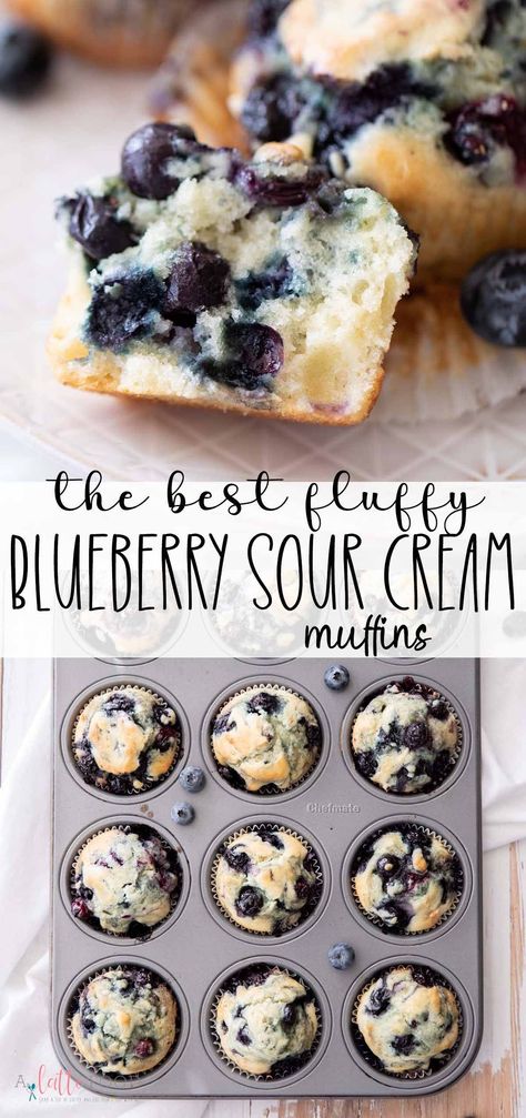 These fluffy Blueberry Sour Cream Muffins are made with fresh blueberries and a fresh blueberry sauce. They’re moist, light and fluffy. Blueberry Sourcream Muffins, Blueberry Muffins Dried Blueberries, Light And Fluffy Blueberry Muffins, Best Blueberry Recipes, Blueberry Muffins Sour Cream, Recipes With Fresh Blueberries, Blueberry Bread Recipe Moist, Fresh Blueberry Recipes Easy, Blueberry Muffins With Sour Cream