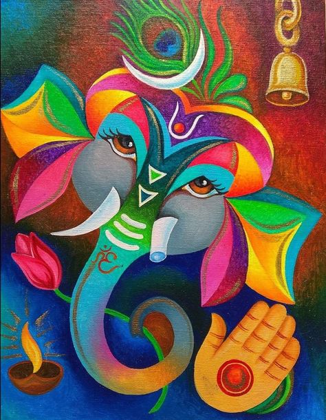 Indian Art Paintings Galleries, Painting Rangoli Design, Oil Painting Portraits, Arte Ganesha, Multi Canvas Painting, Rangoli Designs Photos, Ganesh Art Paintings, Painting Portraits, Modern Art Canvas Painting