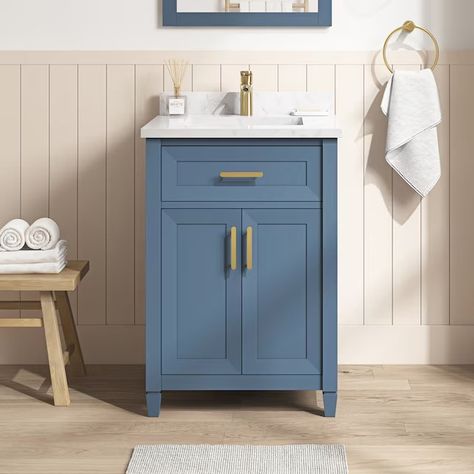 Coastal Bathroom Vanity, Powder Room Redo, Removable Backsplash, Light Blue Bathroom, 24 Inch Bathroom Vanity, Powder Room Sink, Blue Bathroom Vanity, Brushed Gold Hardware, Blue Vanity